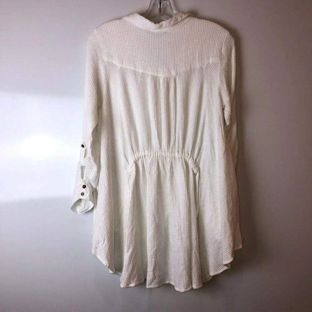 Tru Luxe Women's Large Button Up Shirt Collared Long Sleeve White Waffle Weave - Picture 7 of 13
